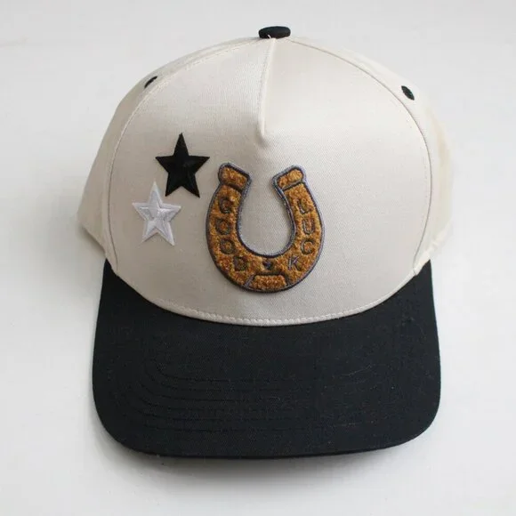Hawley Black Cream Canvas Customized Good Luck Horseshoe Stars Snapback Hat Cap - Picture 1 of 5
